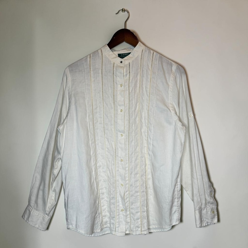Vintage Lauren Ralph Lauren Pintucked Tuxedo Shirt 100% Linen Preppy Luxury